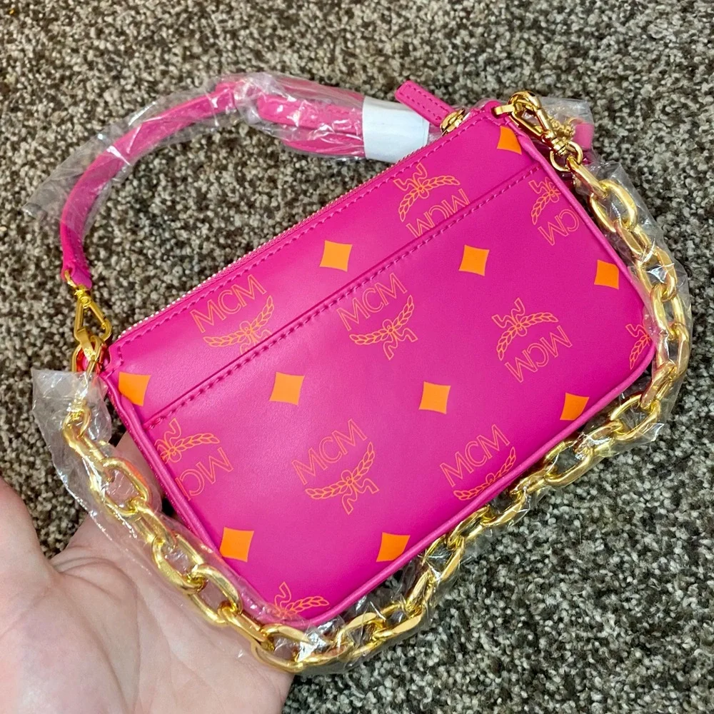 NWT MCM Fuchsia Pink Mini Color Splash Logo Leather Shoulder Bag - Picture 5 of 13